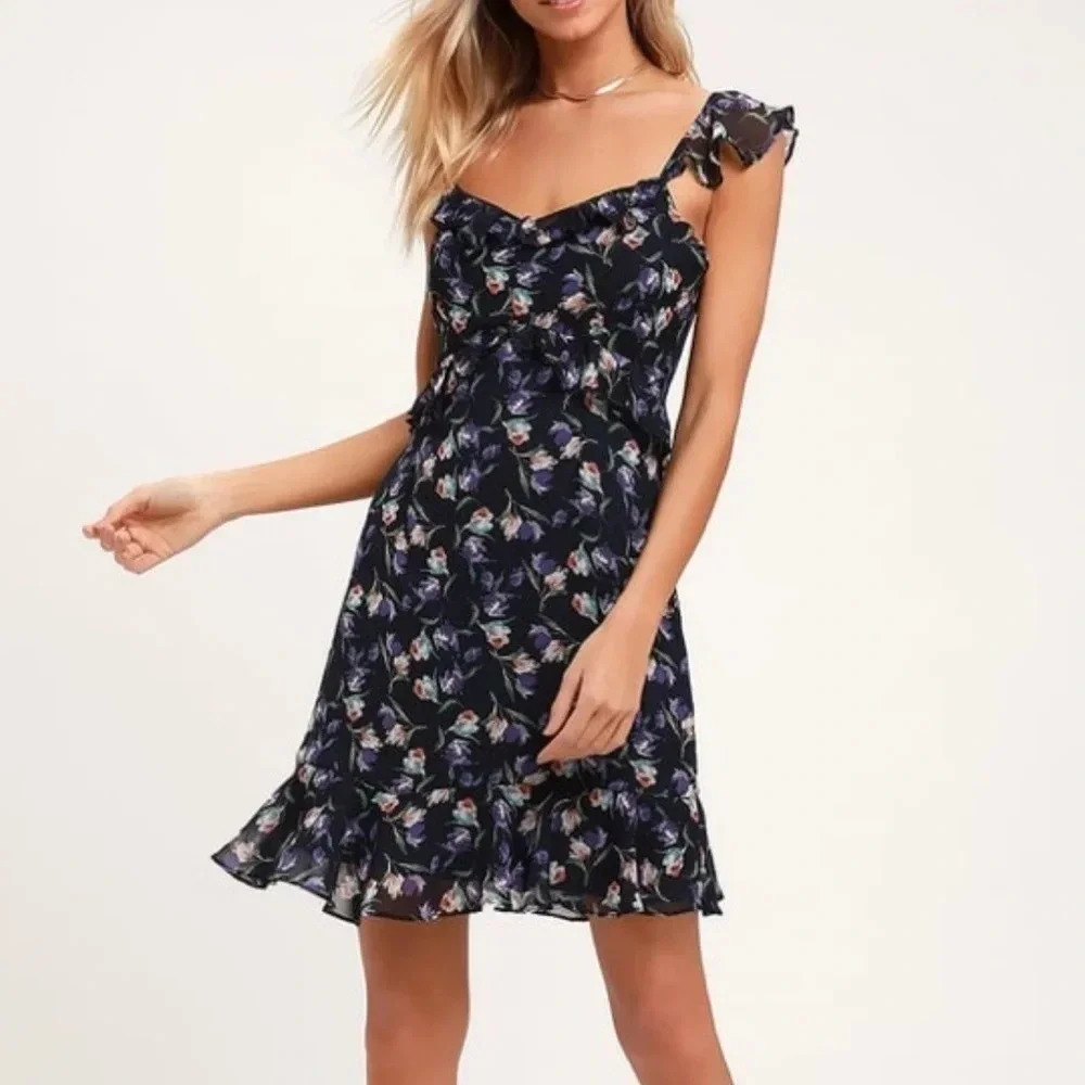 Lulu's Navy Black Floral Ruffle Tie-Shoulder Mini Dress
